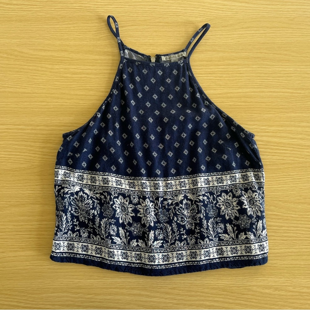 Charlotte Russe Navy Blue and White Printed Cropped Tank